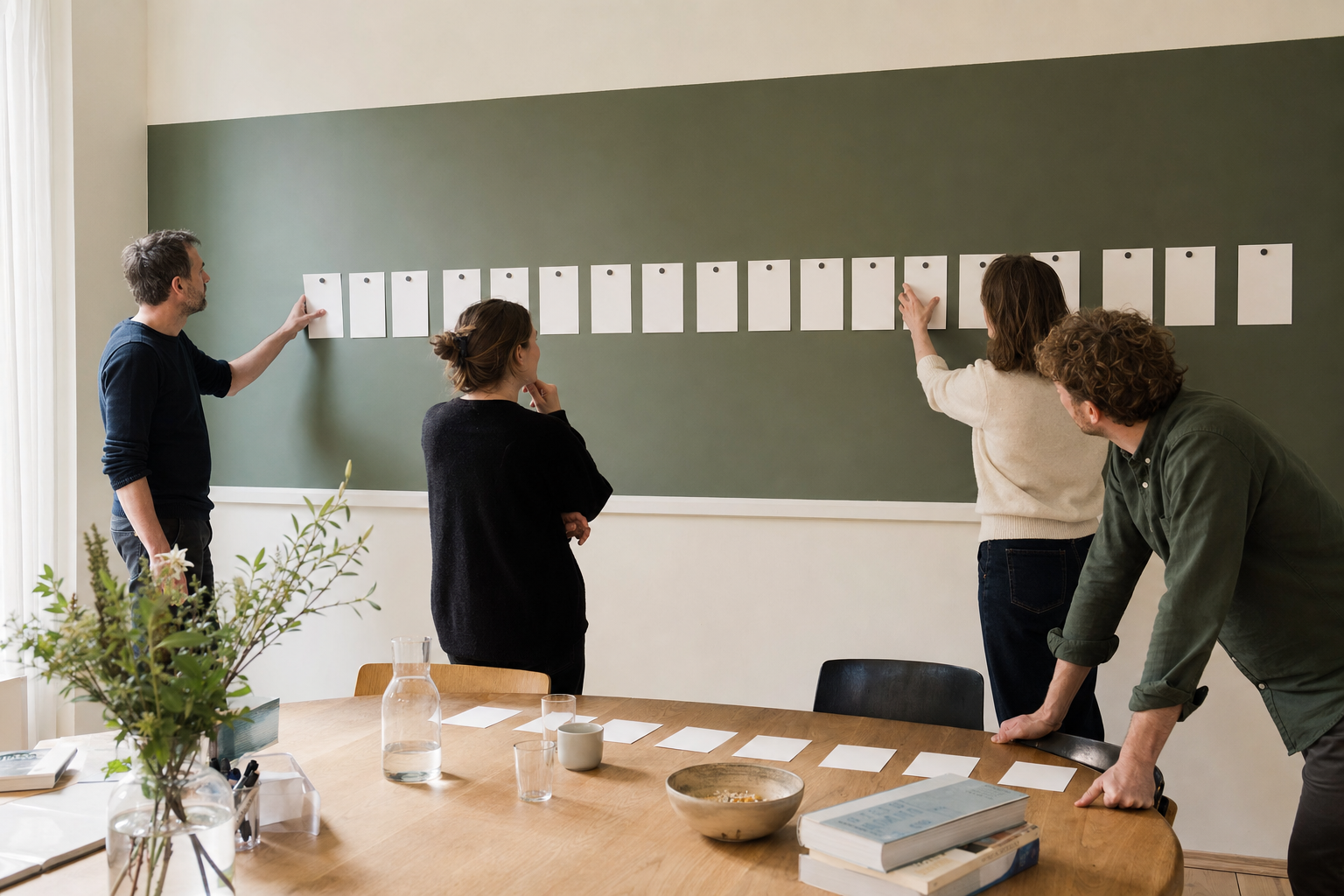 Vier collega’s ordenen blanco kaarten op een lange groene wand
