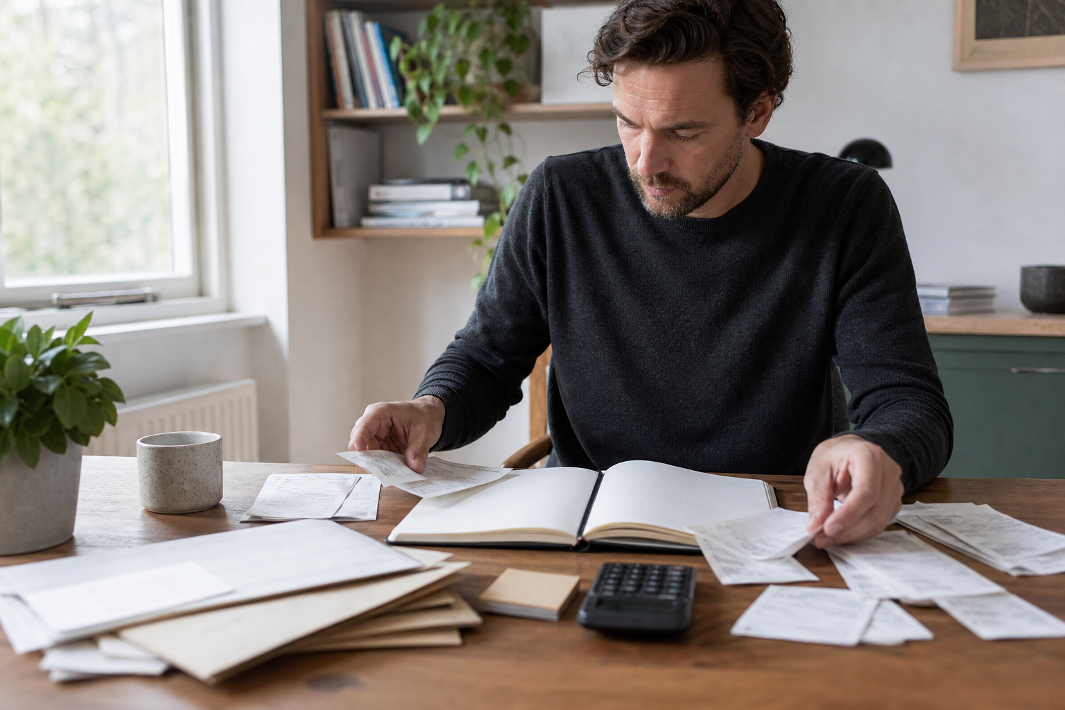 Ondernemer ordent bonnetjes en een kasboek aan een houten bureau