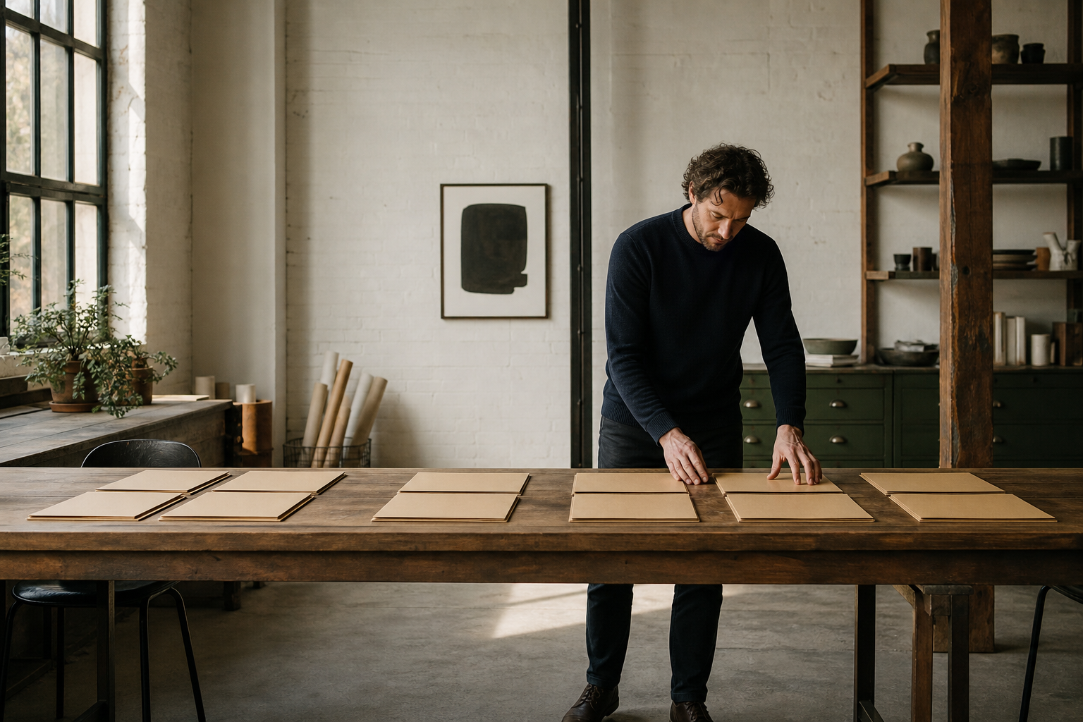 Ondernemer ordent mappen in groepen op een lange werktafel