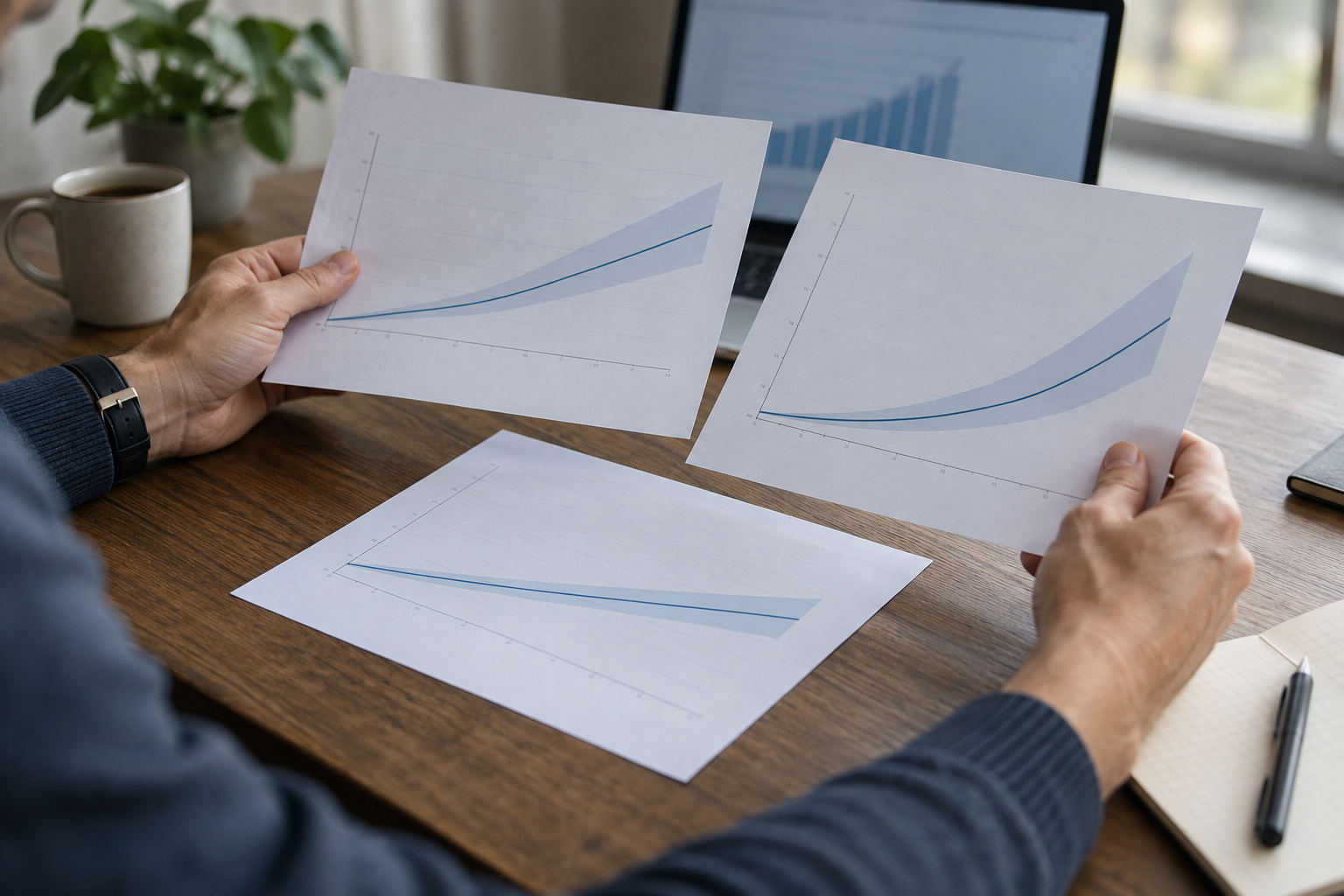 Handen vergelijken grafieken met verschillende ontwikkelingen